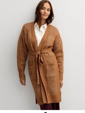 Nine West Brown Long Knit split hem Belted Cardigan